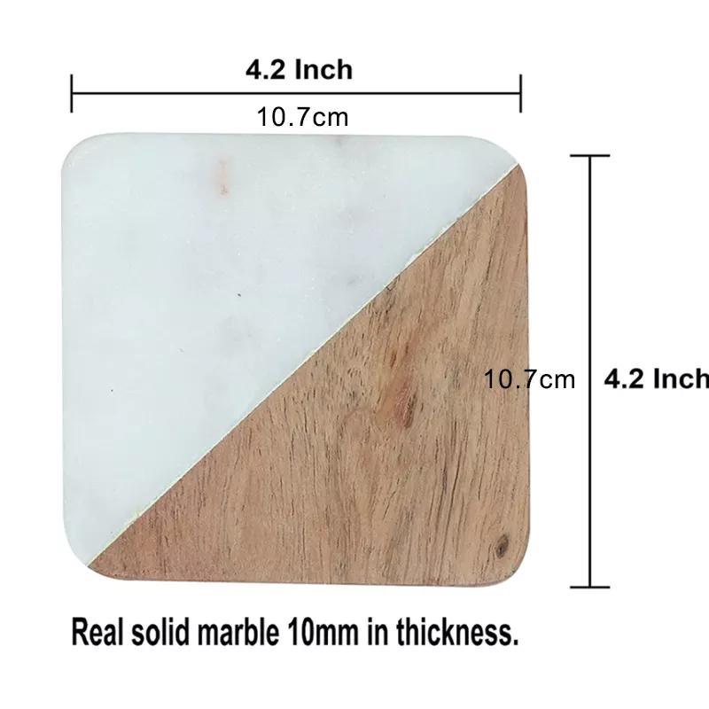 Set of 4 Handcrafted White Marble & Acacia Wood Coaster Set