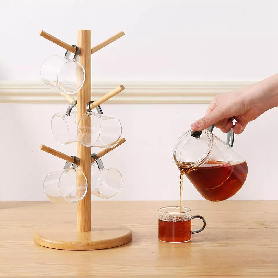 Bamboo Round Base Mug Holder Tree Stand Holder with Hooks for Coffee Cups Counter-Top