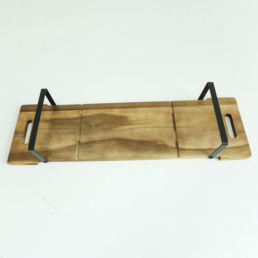 Long Wood Cutting Board Ottoman Wood Tray with Metal Handles for Food