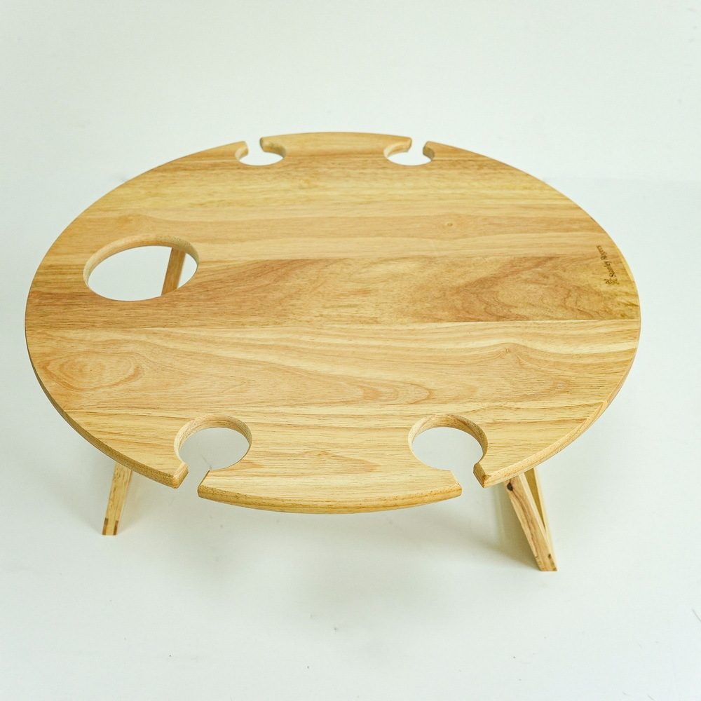 Natural Round Wood Picnic Table with 4 Bottle Rack Wine Glass Holder and Wine Table