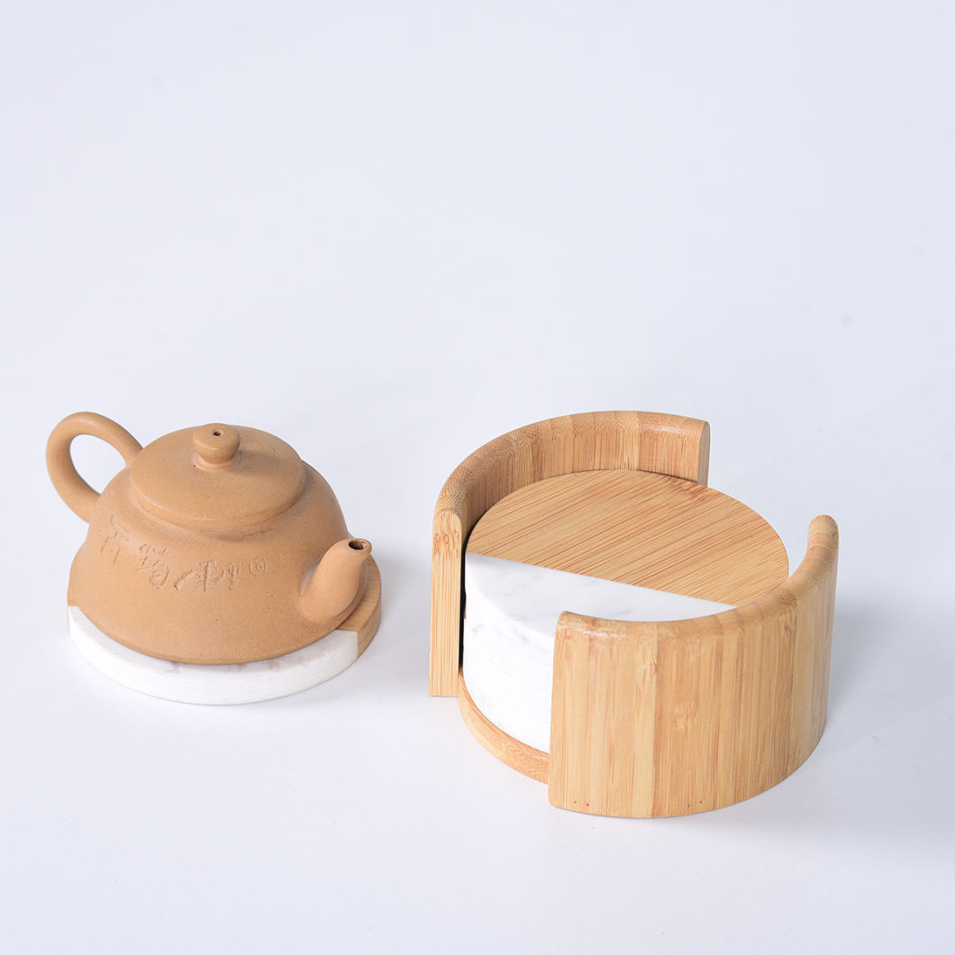 Modern and Natural White Marble and Wood Coaster with Holder