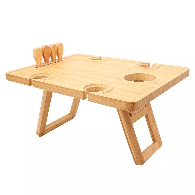Portable Bamboo Wine Holder Table Outdoor Table Picnic Table with Folding Legs and Knife Set