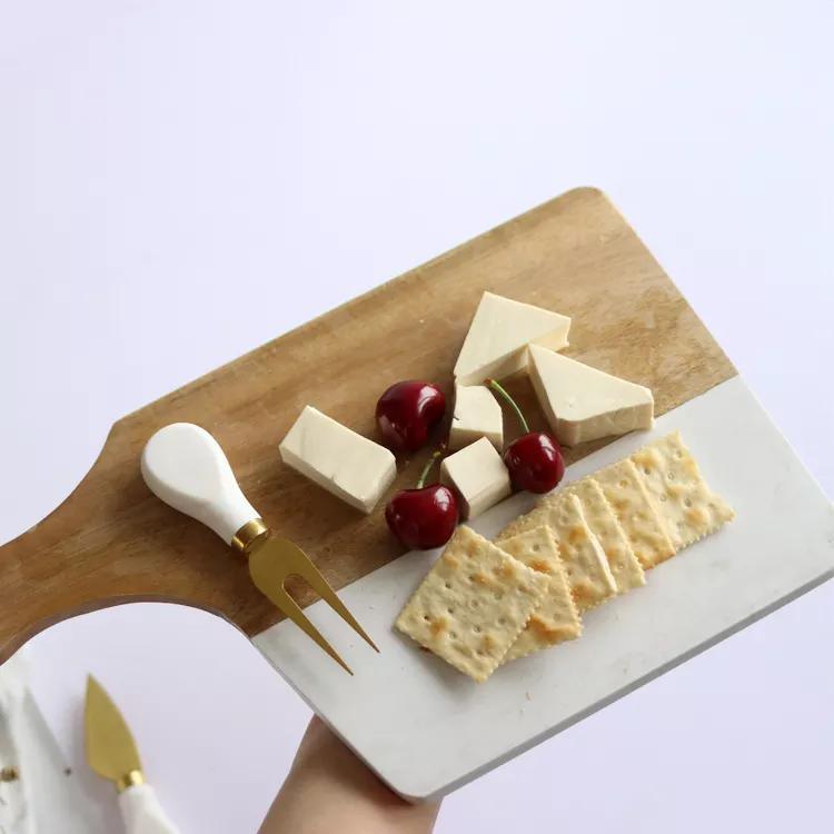 Rectangular Acacia Wood and Marble Cutting Board with Handle Charcuterie Chopping Board Party Plate Tray Bread Board