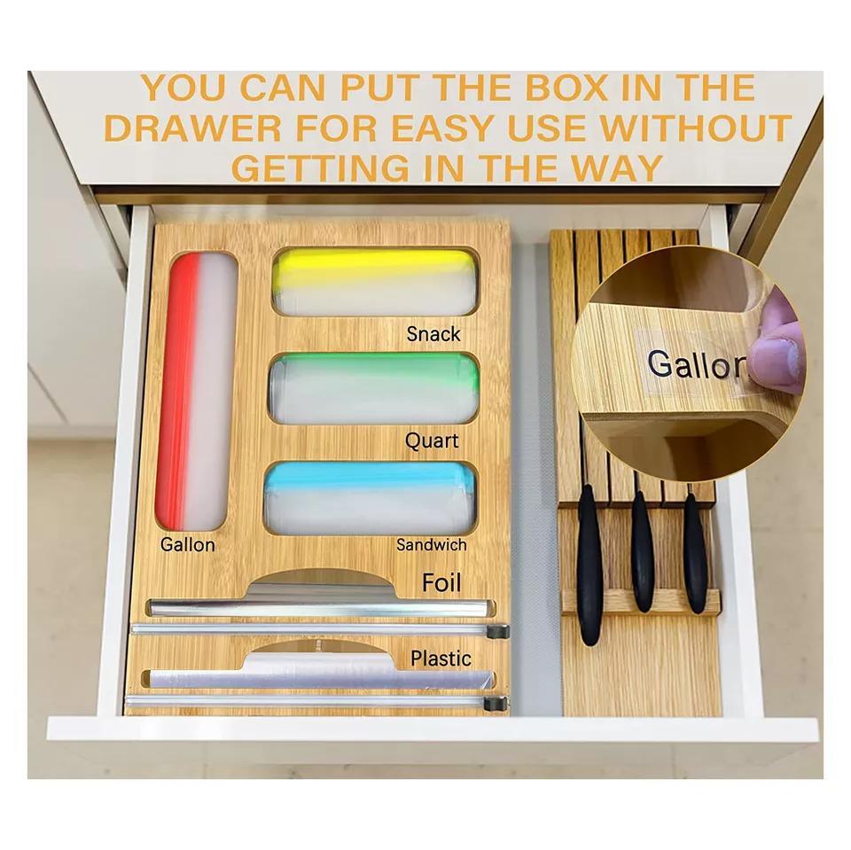 6 in 1 Bamboo Ziplock Bag Roll Storage Organizer Dispenser Container for Gallon Quart Sandwich Snack Wax Plastic Parchment