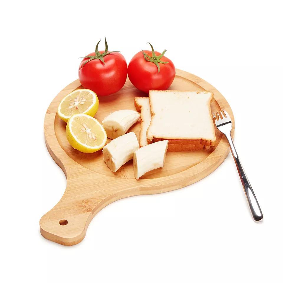 Custom Round 25cm Wooden Tray with Handle Bamboo Fruit Bread Pizza Steak Cutting Board with Containers