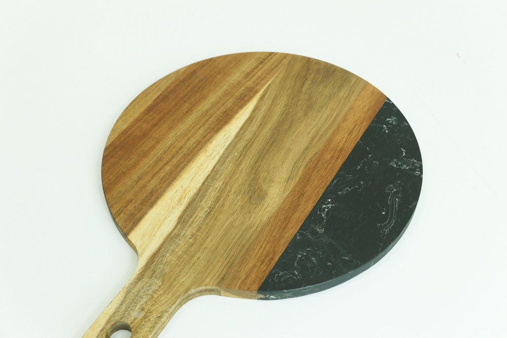 Round Acacia Wood and Black Marble Serving Board Cheese Board Charcuterie Board with Handle