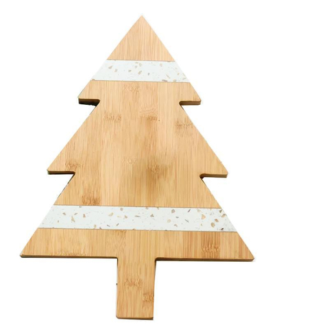 Creative Christmas Tree Shape White Marble and Bamboo Cheese Board Serving Board