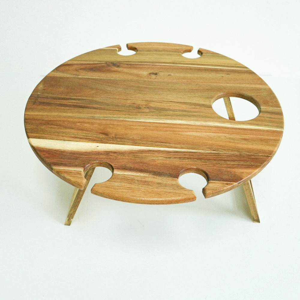 Custom Round Shape Bamboo Portable Camping Table Wood Folding Picnic Table Wood Outdoor Wine Table with Wine Glasses Holder