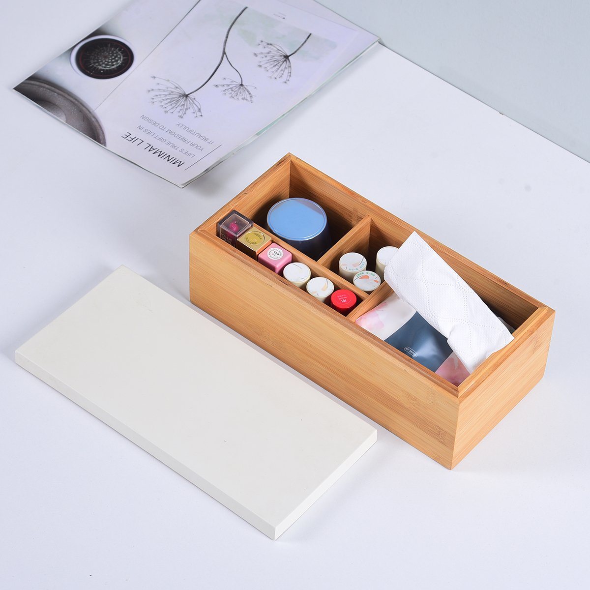 Multifunctional Bamboo Desk Organizer Storage Organizer with 4 Compartments and Lid