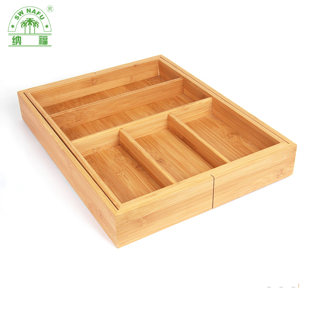 Expandable Eco-Friendly Natural Bamboo Cutlery Tray for Kitchen