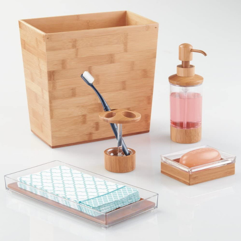 Bamboo Wood Paper Basket for Office Bedroom Bathroom Wooden Trash Can Wooden Storage Bucket