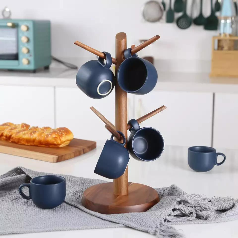 Folding Acacia Wood Mug Cup Holder Organizer with Round Bottom for Countertop Kitchen
