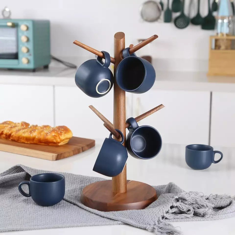 Folding Acacia Wood Mug Cup Holder Organizer with Round Bottom for Countertop Kitchen