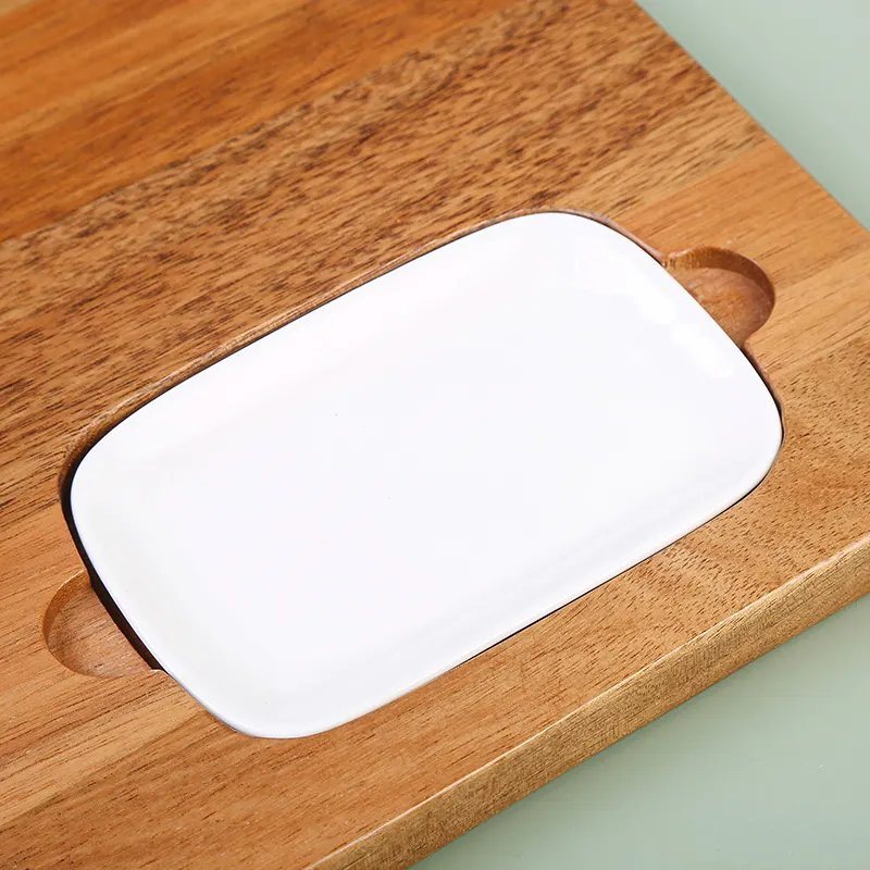 Acacia Wooden Cheese Board and Charcuterie Serving Board Platter with 3 Knives and Ceramic Bowl