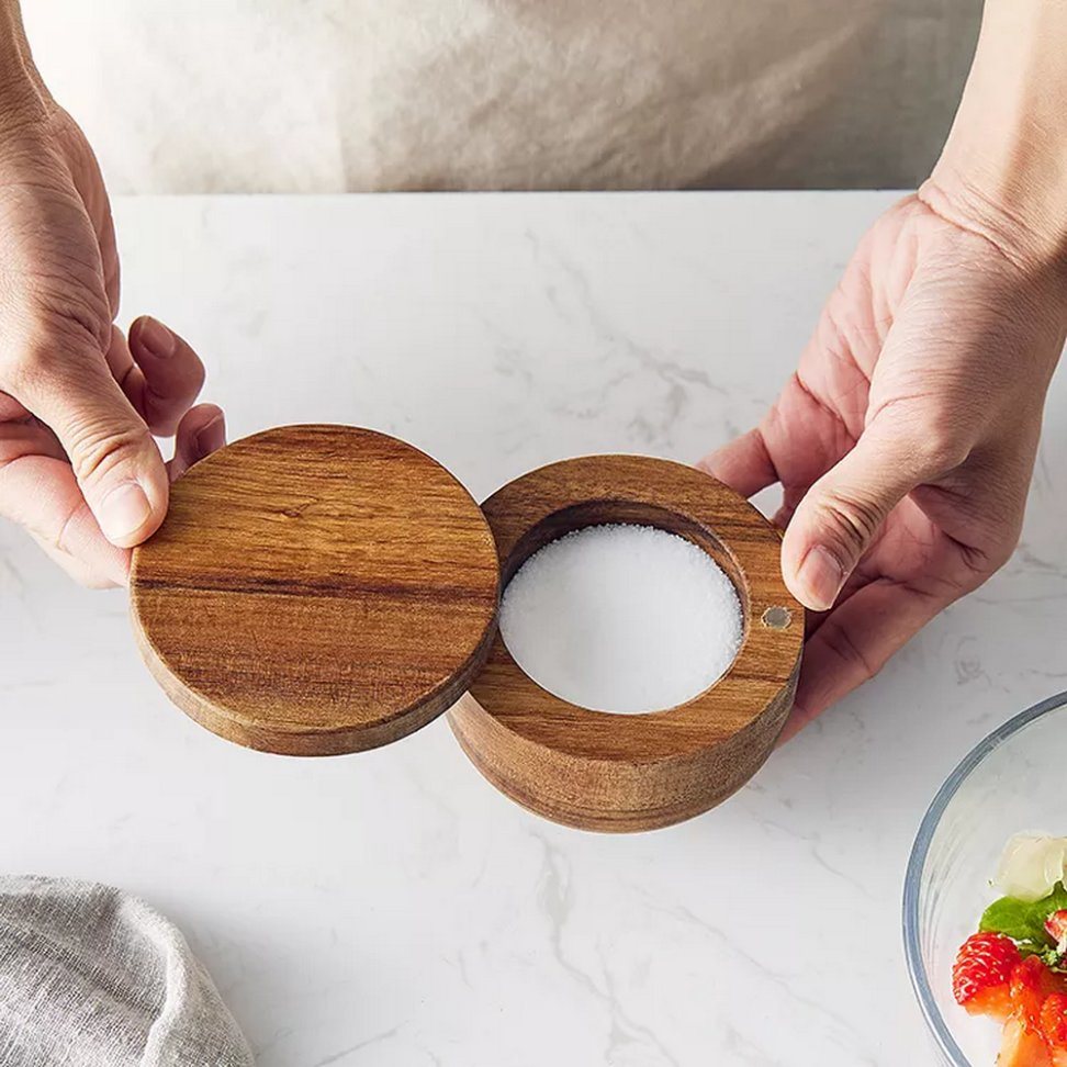 Home Kitchen Acacia Wood Sugar Keeper Pepper Salt Cellar