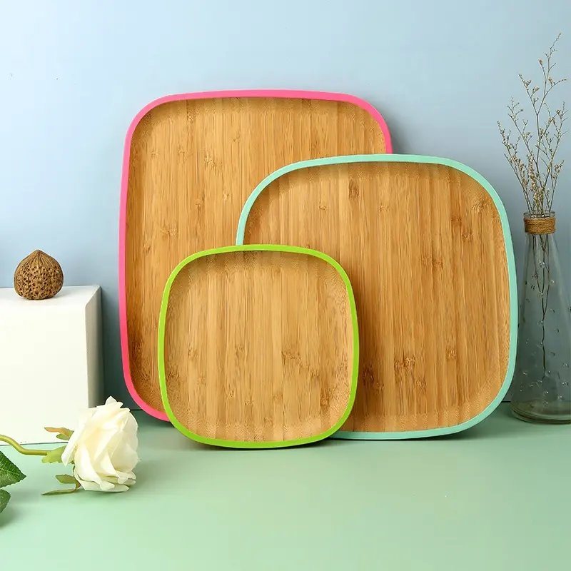 Square Bamboo Wooden Serving Tray Plate Dish with Color Edge for Appetizer Snack Nuts Cake and Breakfast