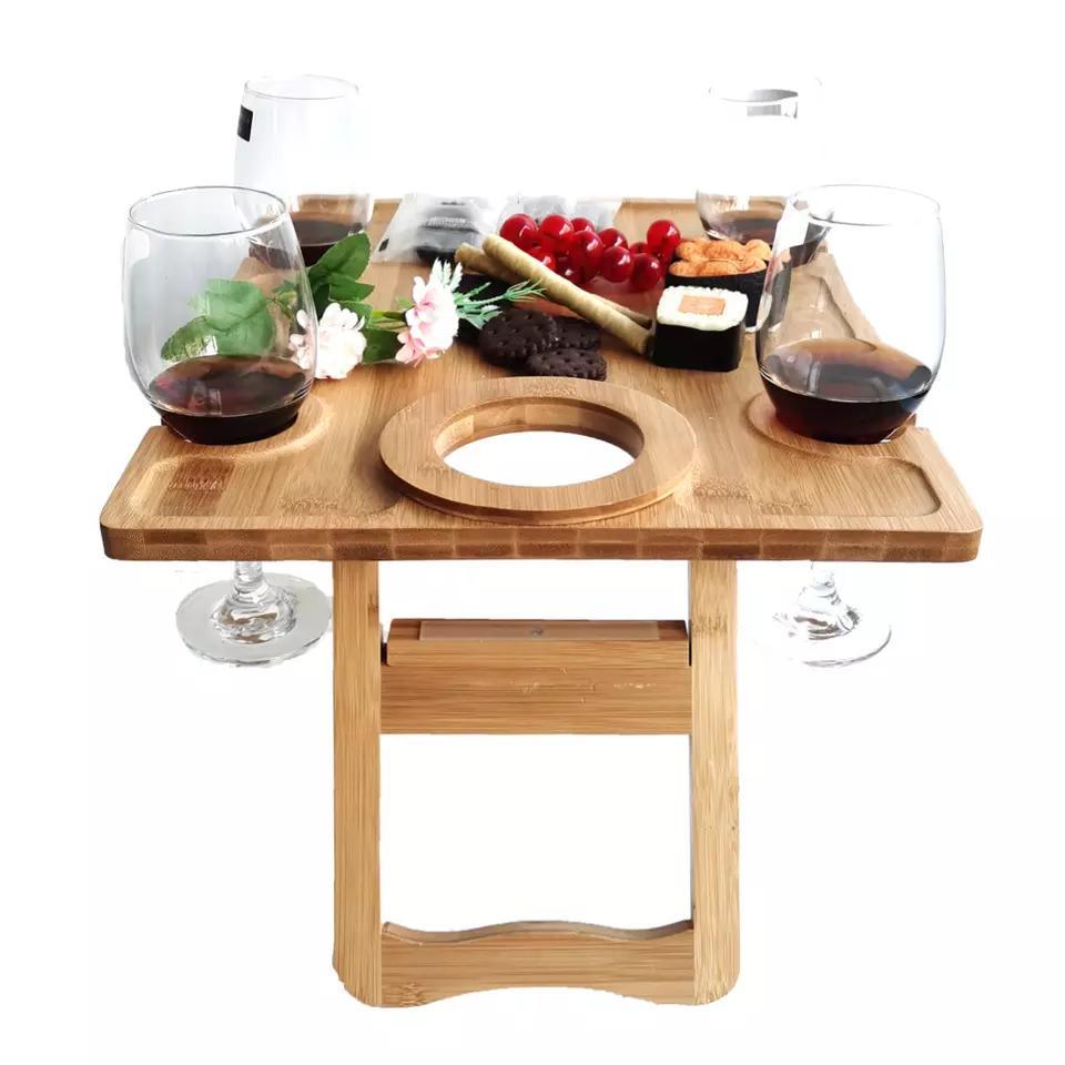 Folding Outdoor Bamboo Wine Table Snacks Cheese Board Wine Picnic Table with Wine and Bottle Holder