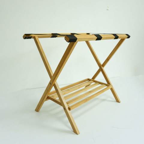 Folding Bamboo Wooden Luggage Rack Luggage Holder with 4 Nylon Straps for Hotel and Home