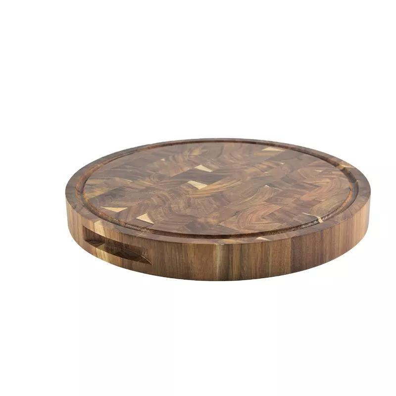Thick End Grain Round Acacia Wooden Chopping Board Wooden Butcher Block with Two Handles for Kitchen
