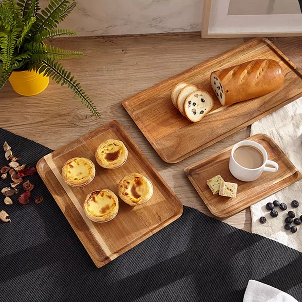 Rectangle 3 Sizes Acacia Wooden Foodplate Drink Coffee Serving Tray for Restaurant
