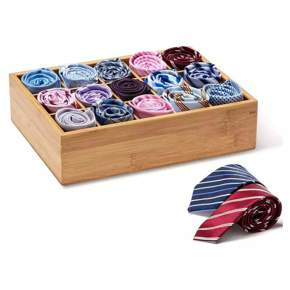 Rectangular Adjustable Multi-Compartment Bamboo Drawer Organizer for Wardrobe Drawer Belts Ties Socks Underwear