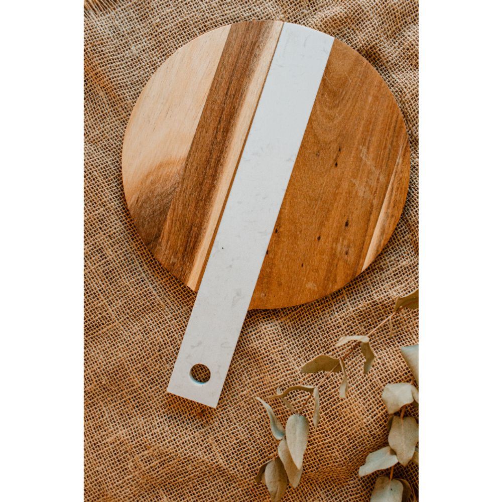 Large Round White Marble and Wood Paddle Cutting Board Cheese Board