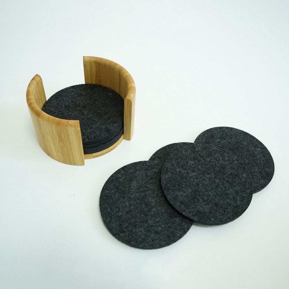Round Felt Drink Coasters Felt Tea Cup Coasters Felt Coaster Set with Bamboo Holder