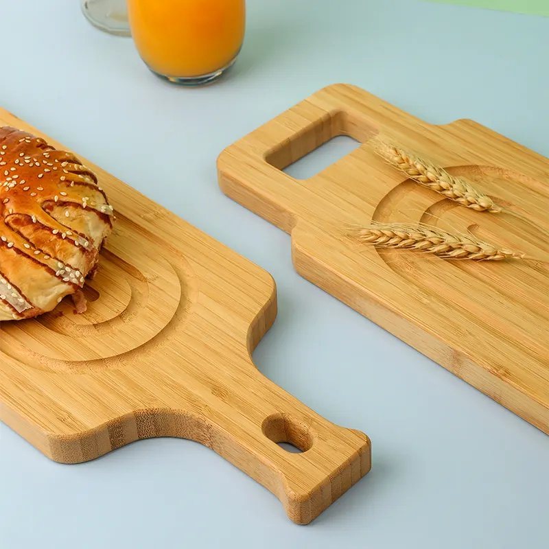 Long Strip Bamboo Bread Cheese Cutting Boards with Handle Serving Paddle Pizza Boards Plate with Drip Groove