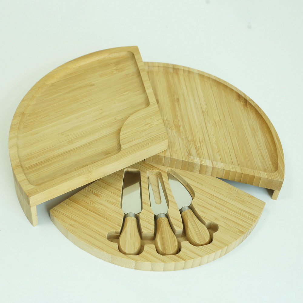 Large and Round Folding Bamboo Wood Rotating Cheese Board Platter