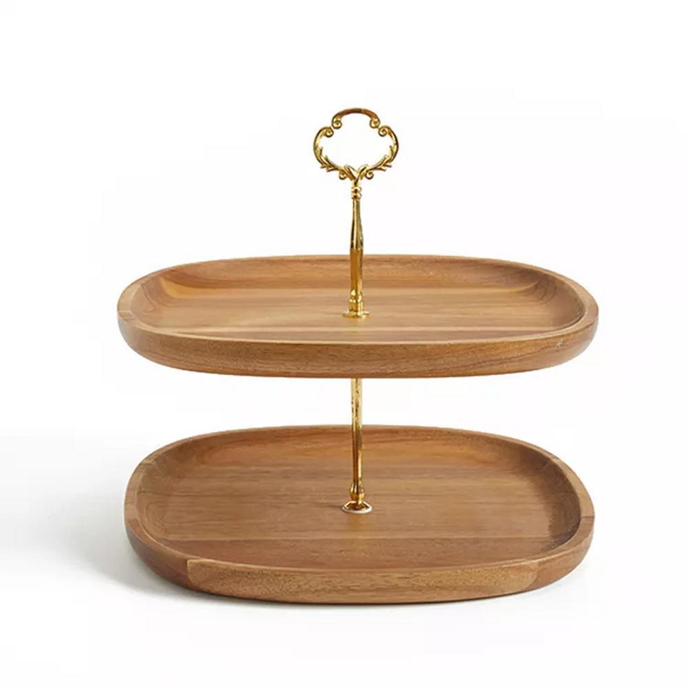 Wholesale Restaurant Party 2 Tier Acacia Wooden Cake Serving Tray Stand