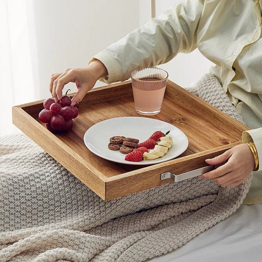 Acacia Wood Serving Tray with Metal Handles for Food Breakfast Coffee Cake