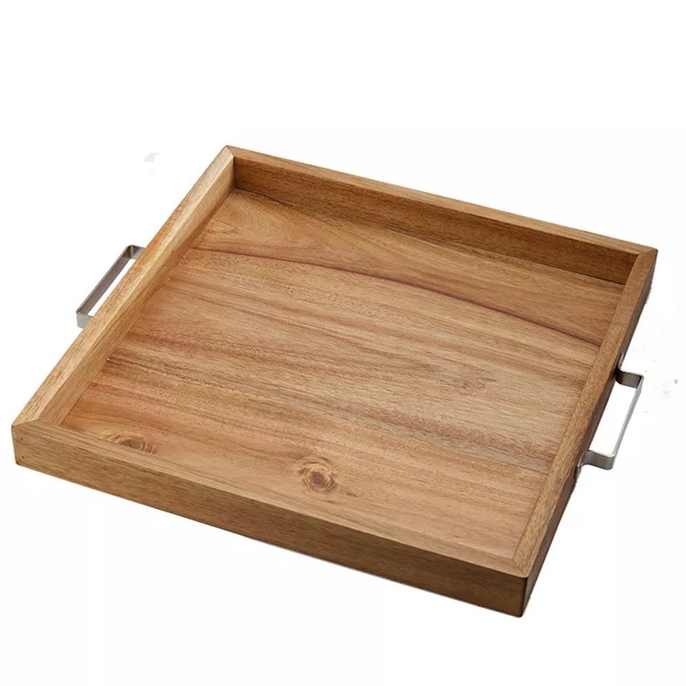 Acacia Wood Serving Tray with Metal Handles for Food Breakfast Coffee Cake