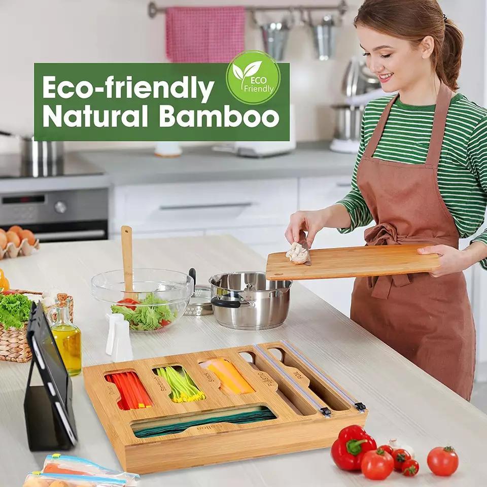 Eco-Friendly Bamboo 6 in 1 Wrap Dispenser with Cutter Suitable for Gallon Quart Sandwich Snack Bag Cling Film Foil etc