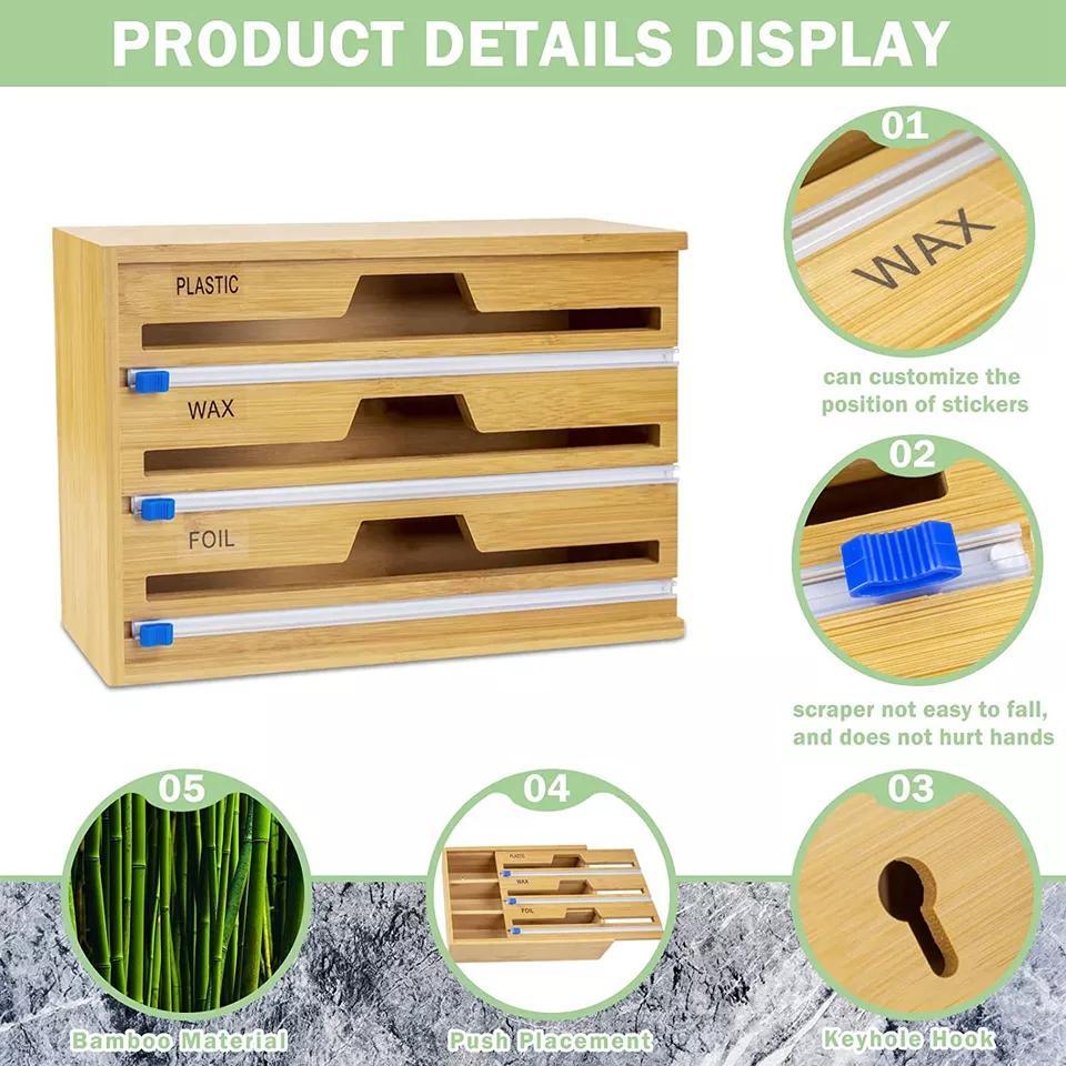 Hot-Sale Wholesale Bamboo 3 in 1 Plastic Wrap Foil Wax Storage Organizer with Removable Front Cover for Kitchen