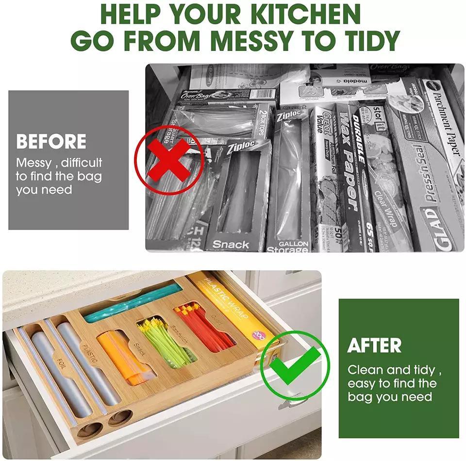 Eco-Friendly Bamboo 6 in 1 Wrap Dispenser with Cutter Suitable for Gallon Quart Sandwich Snack Bag Cling Film Foil etc