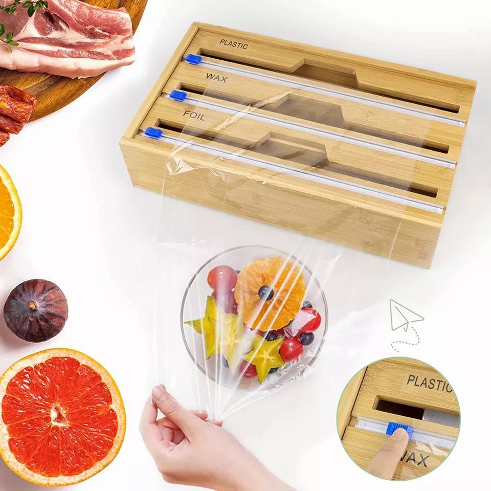 Hot-Sale Wholesale Bamboo 3 in 1 Plastic Wrap Foil Wax Storage Organizer with Removable Front Cover for Kitchen