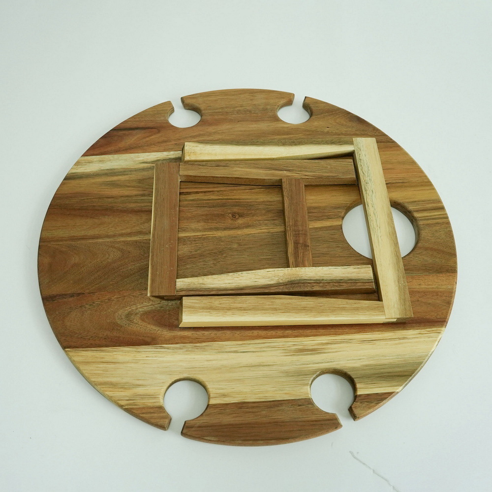 Custom Round Shape Bamboo Portable Camping Table Wood Folding Picnic Table Wood Outdoor Wine Table with Wine Glasses Holder