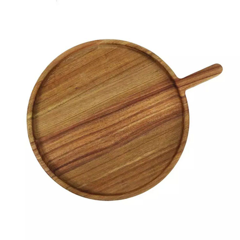 Custom Logo Round Shape Acacia Wood Serving Plate Serving Tray with Handle for Food Snack Dry Fruit