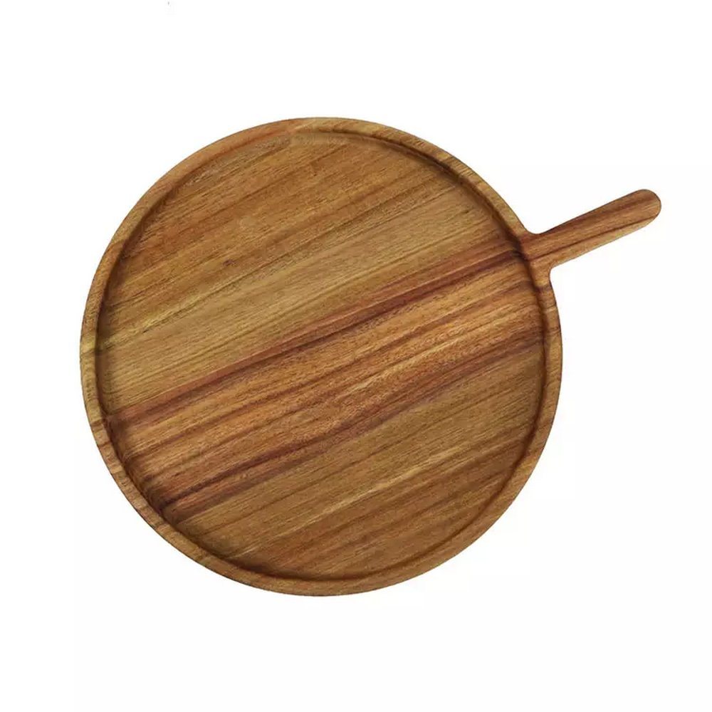 Custom Logo Round Shape Acacia Wood Serving Plate Serving Tray with Handle for Food Snack Dry Fruit