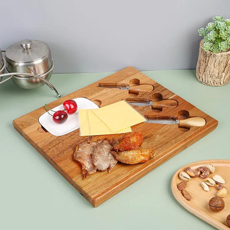 Acacia Wooden Cheese Board and Charcuterie Serving Board Platter with 3 Knives and Ceramic Bowl