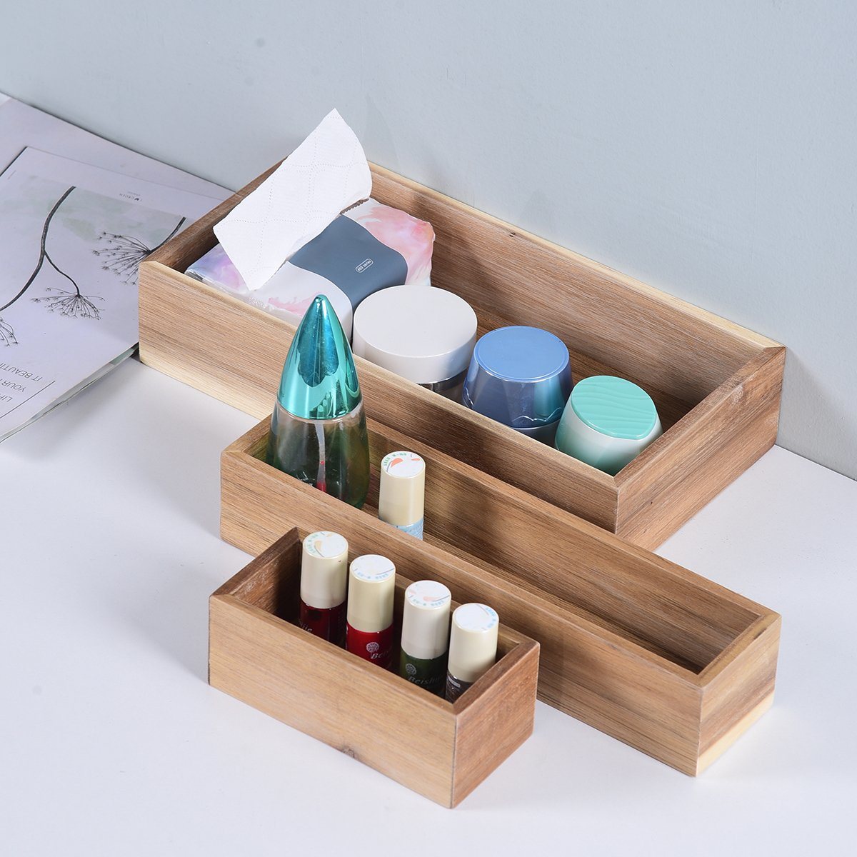 3 in 1 Acacia Wood Cosmetic Box Wooden Storage Organizer Wooden Storage Box Set