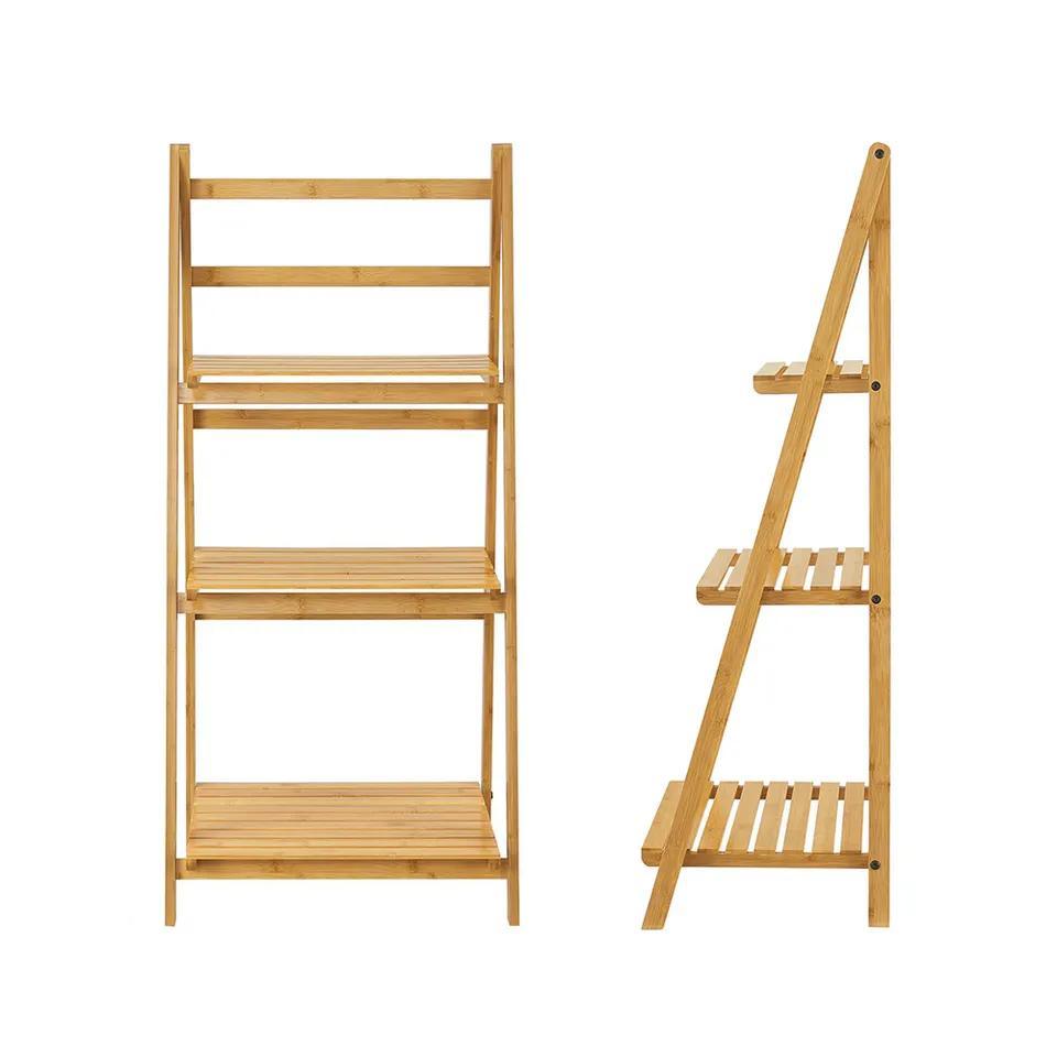 Free Standing 3 Layers Bamboo Wooden Ladder Storage Rack Organizer Display Shelf for Kitchen Bathroom Office