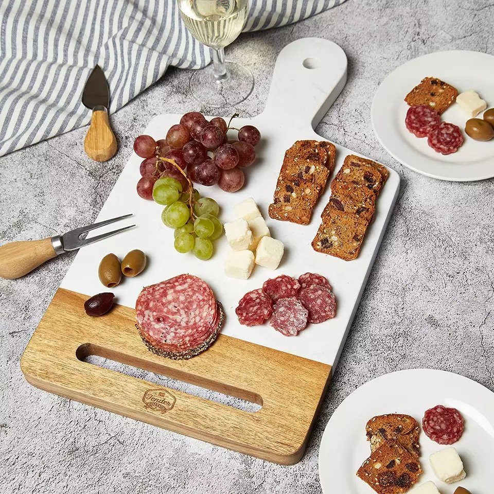 Marble Acacia Wood Cutting Board Cookbook Holder Charcuterie Board White Marble Cheese Board