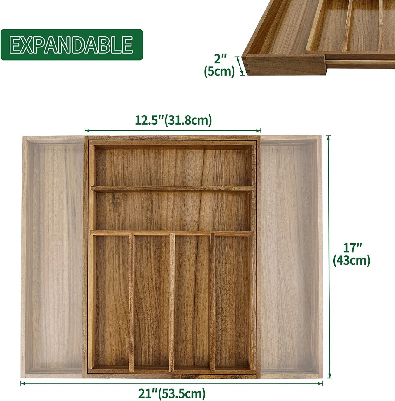 Adjustable and Expandable Acacia Wood Cutlery Tray Cutlery Drawer Organizer