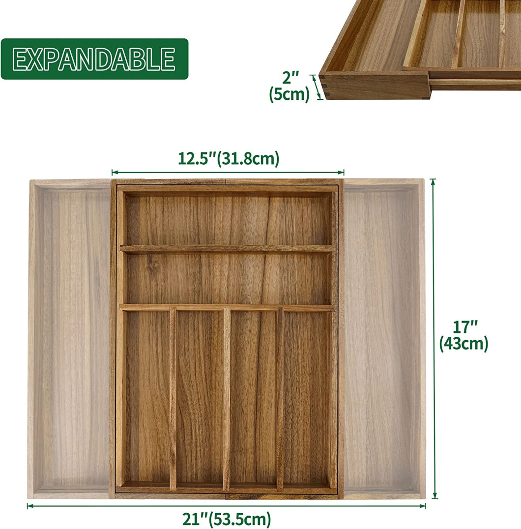 Adjustable and Expandable Acacia Wood Cutlery Tray Cutlery Drawer Organizer