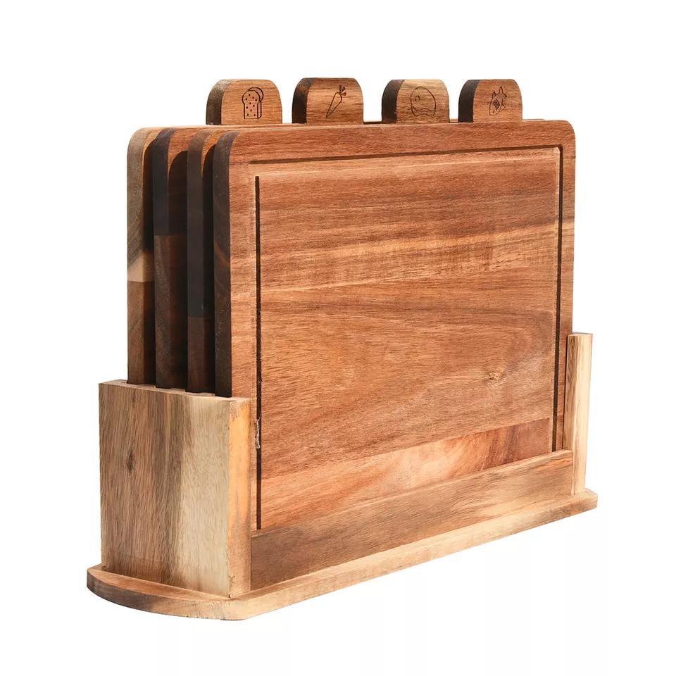 Acacia Wood Index Cutting Board Set with Storage Base Holder for Bread, Meat, Vegetables, Fish