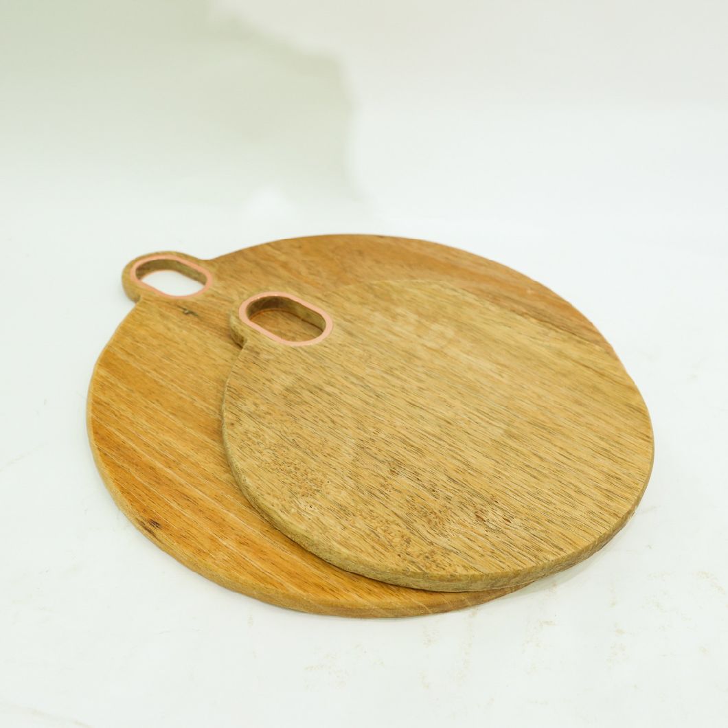 Round Acacia Wood Cutting Board Chopping Board Setwith Gold Metal Handle