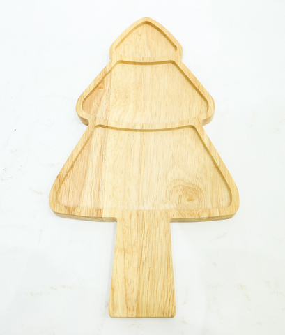 Hand Crafted Solid Rubber Wood Christmas Tree Tray, Holiday Serving Tray and Plate