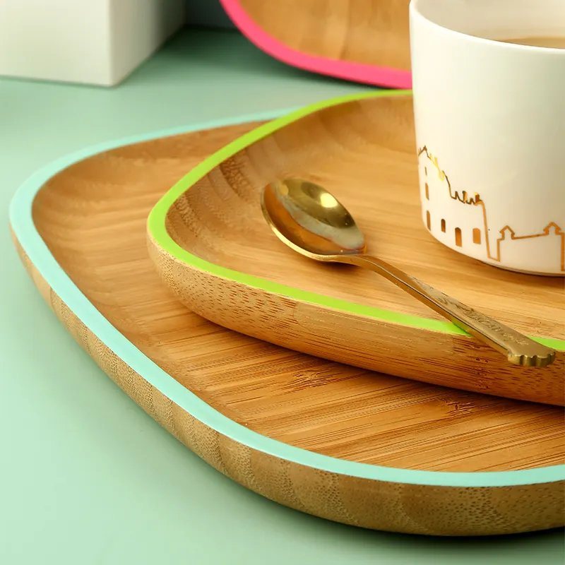 Square Bamboo Wooden Serving Tray Plate Dish with Color Edge for Appetizer Snack Nuts Cake and Breakfast