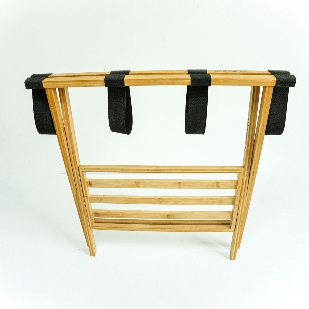 Folding Bamboo Wooden Luggage Rack Luggage Holder with 4 Nylon Straps for Hotel and Home